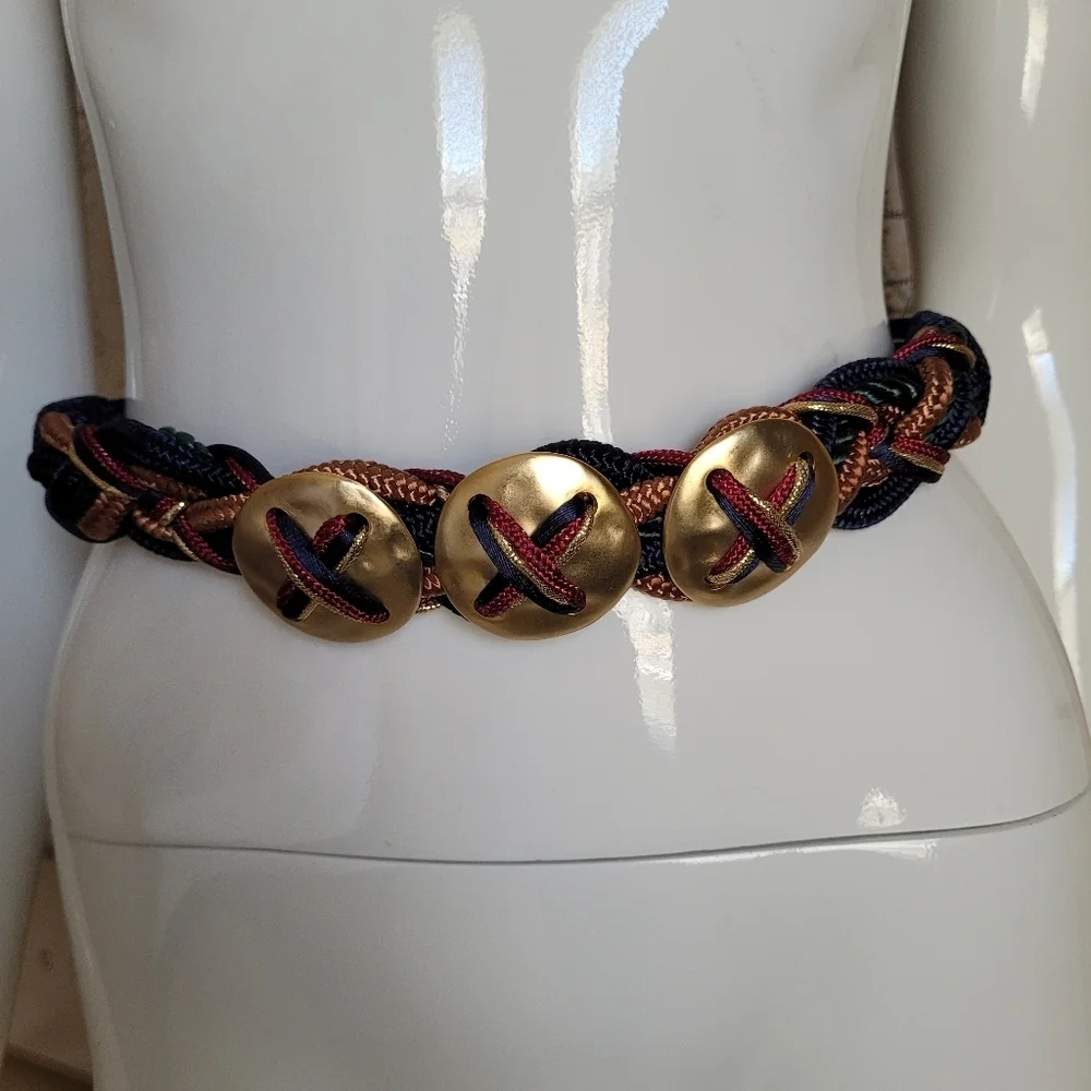 Vintage 80's navy maroon green gold braid woven belt three circle gold accents M
